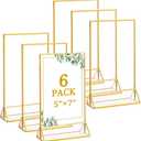 Floroom 6 Pack 5x7 Inch Clear Acrylic Sign Holders, Double-Sided Gold Display Stand Picture Frames for Table Numbers, Menus, Flyers, Weddings, and Offices