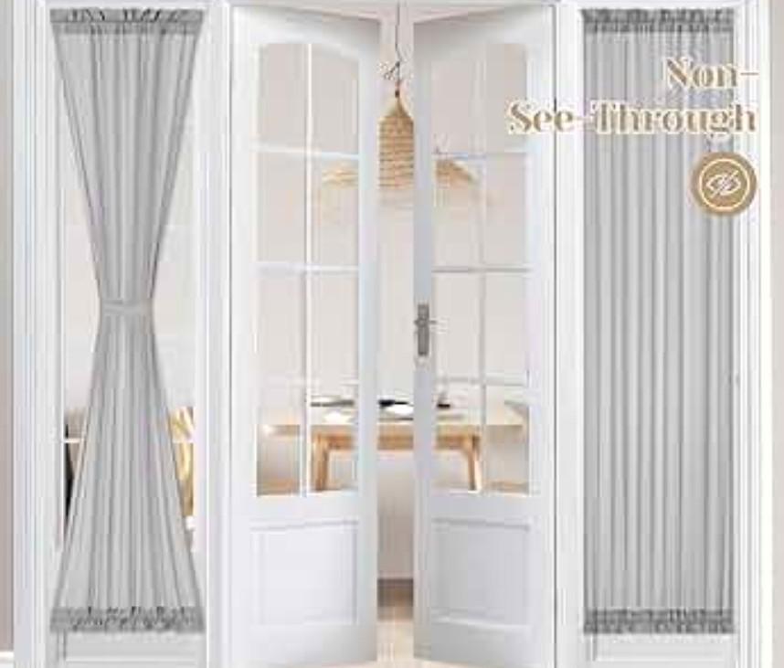 HOMEIDEAS Non-See-Through French Door Curtains Set of 2 for Front Door, Light Filtering Privacy Semi Sheer Window Curtains with Rod Pocket and Tie Back, Light Grey (26W X 72L Inch)