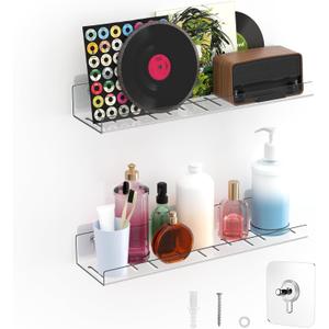2 Pack Adhesive PET Floating Shelves for Wall, Living Room, Kitchen, Bathroom Organizers and Storage with Adhesive Hooks (for No Drilling) and Drilling Screws