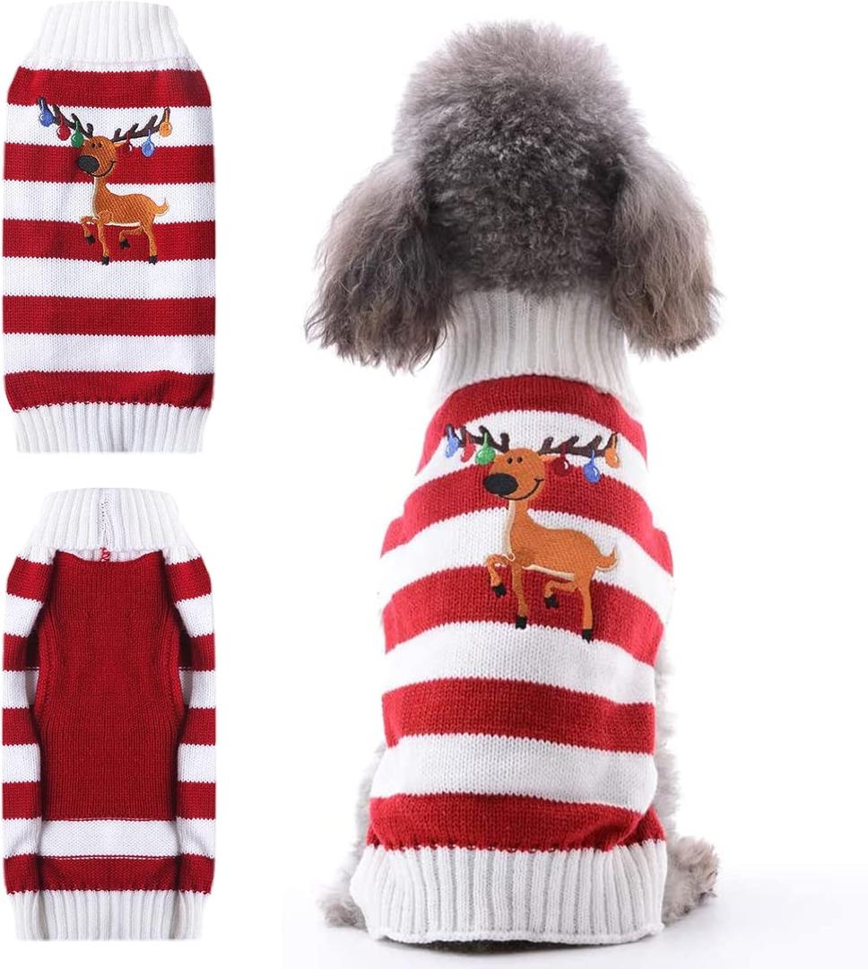 Dog Christmas Sweater Cute Reindeer Stripped Cat Ugly Xmas Outfit Holiday Puppy Costumes Fall Winter Knitted Pet Clothes for Small Medium Dogs Cats(S,Red)