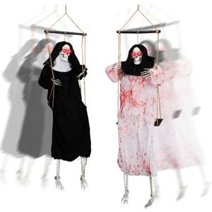 Outvita 2 Pack Hanging Halloween Skeleton Decorations Outdoor, Scary Swinging Grim Reapers for Best Halloween Outdoor Decor with Lighted Up Eyes, Creepy Haunted House Prop, Party Supplies
