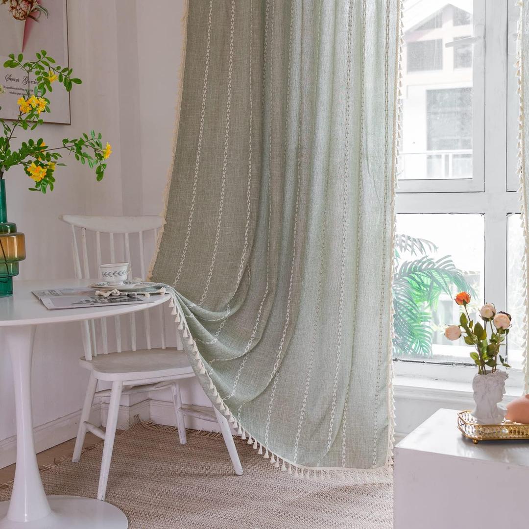 Boho Embroidery Striped Linen Curtains 84 Inches Long 2 Panels for Bedroom - Sage Green Country Farmhouse Bohemian Light Filtering for Living Room (52" W x 84" L)