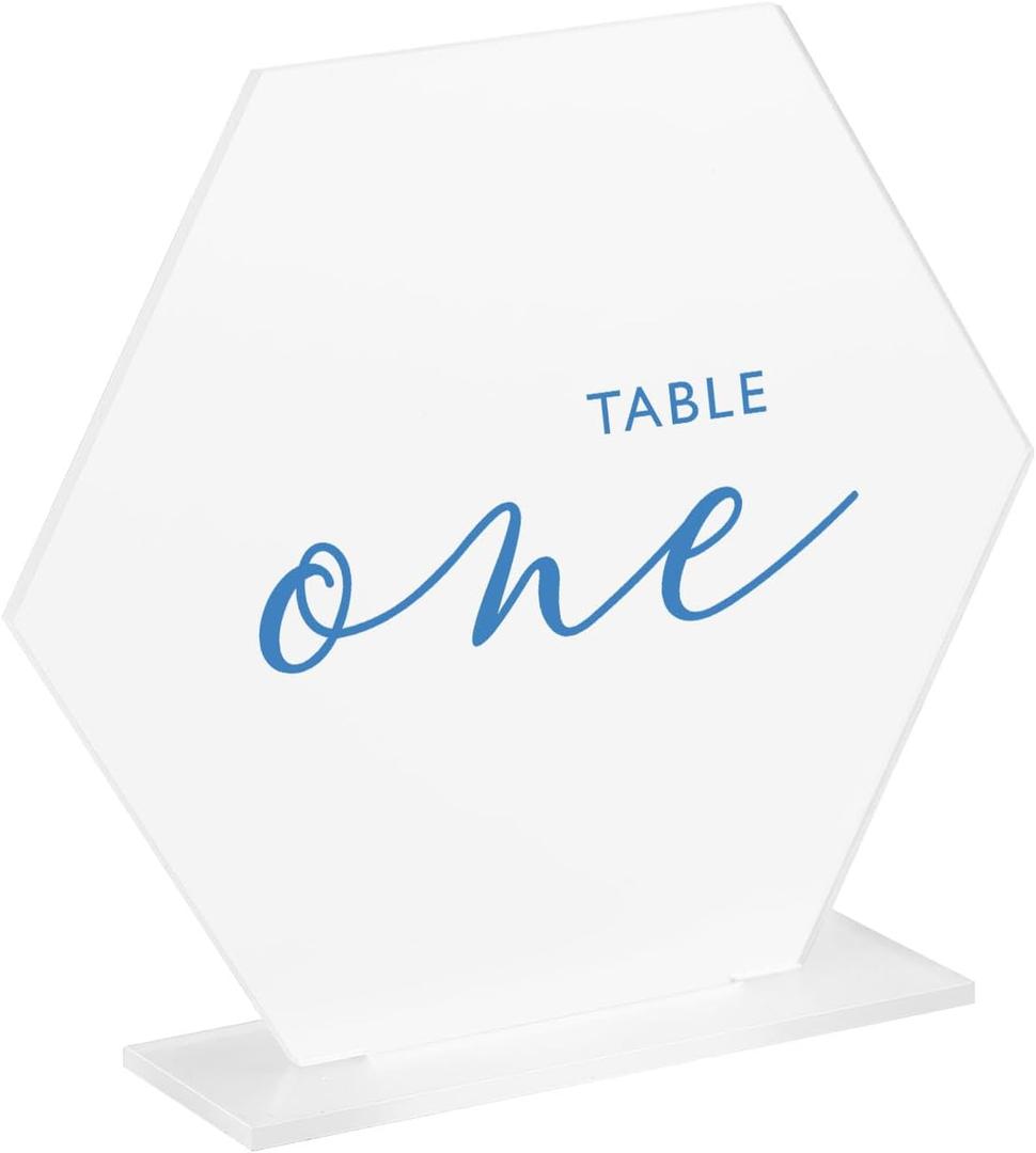 JINMURY 10 Pack Frosted Hexagon Sahpe Acrylic Blank Sign with Stand | 5.5 Inch Blank Frosted Acrylic Table Signs and Base for DIY Wedding Table Numbers, Wedding Signage, Events& Parties