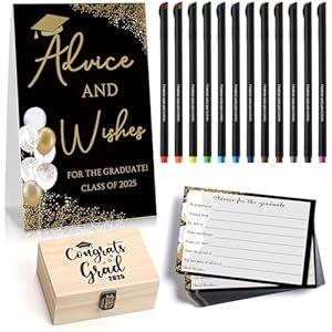 114 Pcs Graduation Party Favors 101 Advice Cards for The Graduate Advice Wishes with Wood Box and 12 Colors Pens Graduation Games Decoration for High School College Celebration Gift