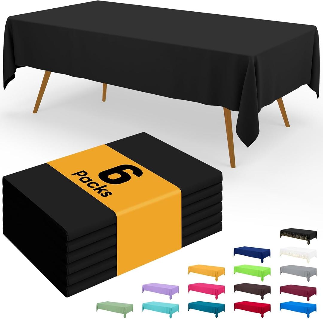 Smiry Disposable Table Cloth - 6 Pack, 54 x 108 Inch Waterproof Rectangle Tablecloths for Parties, Decorative Plastic Table Cover, Leakproof & Sturdy, Black
