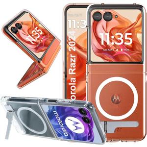 for Motorola Razr 2025 Case, Moto razr 2025 Case Compatible with Magsafe, Built-in 3-Ways Metal Kickstand & Strong Magnetic Ring, PC Back + TPU Bumper Protection Phone Cover (Clear)