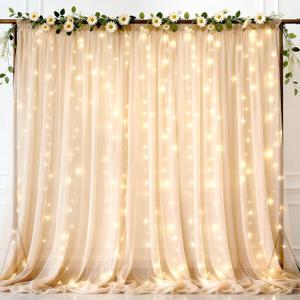 Ledido 108ft Champagne Tulle Backdrop Curtain with Lights String - 300LED Fairy Light Sheer Curtain Backdrop for Wedding Baby Shower Photo Shoot Birthday Party Decor(2 Panels 58ft)Champagne