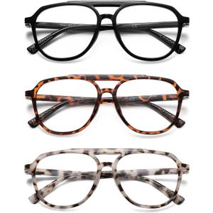 Aviator Reading Glasses for Women Men Oversized Blue Light Blocking Computer Reader Designer Large Spring Hinge LK6081 (C1black+c2white Tortoise+c3brown Tortoise)