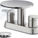 Waterfall Bathroom Sink Faucet 3 Hole Brushed Nickel Modern 2 Handle Vanity Faucet for Bathroom Sink 4 inch Center Set with Round Shelf & Metal Pop-Up Drain