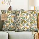 CPC 100% Cotton Throw Pillow Covers 18x18 Inch, Set of 2 Blue Block Print Pattern Couch Pillow, Cute Boho Decorative Pillows for Living Room, Bedroom with Hidden Zipper- Harvest Bloom