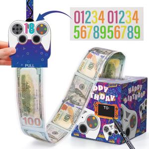 Game Player Gifts Box with Pull Out, Surprise Money Box with Happy Birthday Card and 40Pcs Transparent Bags, DIY Stickers for Any Age 1-100,16,18, A Fun Way to Give Cash to Boys Girls Kids with Assembly Instructions