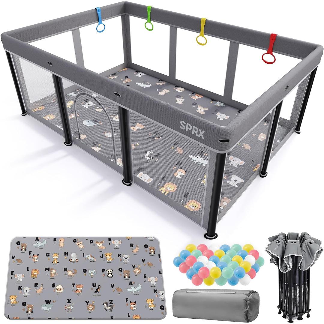 Foldable Baby Playpen with Mat,50"×71" Collapsible Playard for Babies and Toddlers,Indoor&Outdoor Kids Safety Play Pen,Portable Travel Playpen ‌with Travel Pack and 50 Ocean Balls