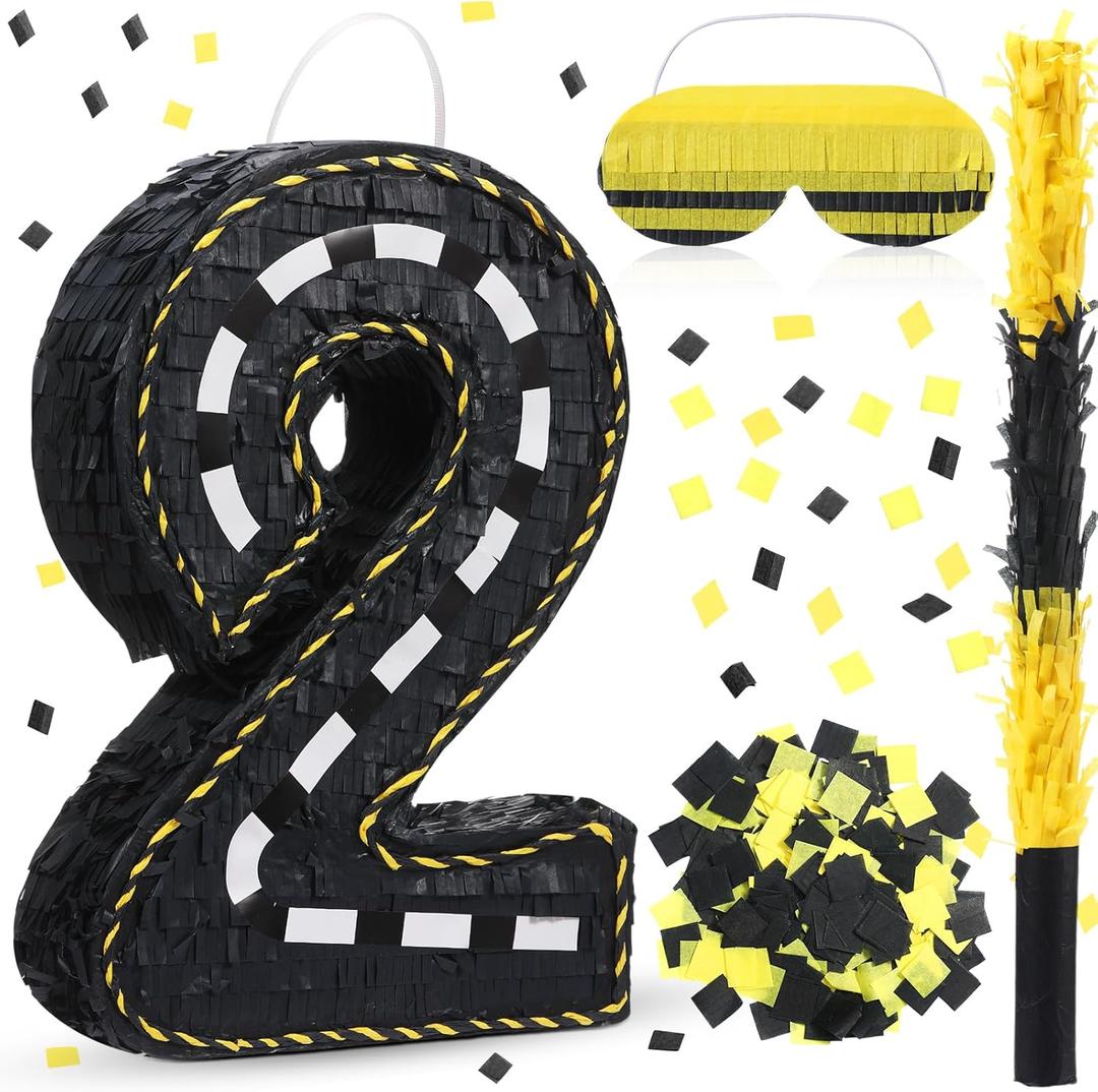 Poen Construction Piata Decorations 16 Inch Road Number Piata with Blindfold Stick and Confetti for Birthday Construction Tractor Piata Birthday Party Supplies Centerpiece Decors(Number 2)