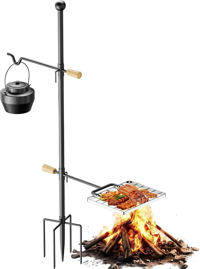 Campfire Grill Grate for Fire Pit | Adjustable Swivel Handle, Heavy Duty Steel Stake Grill, Portable Outdoor Cooking Equipment for Camping BBQ