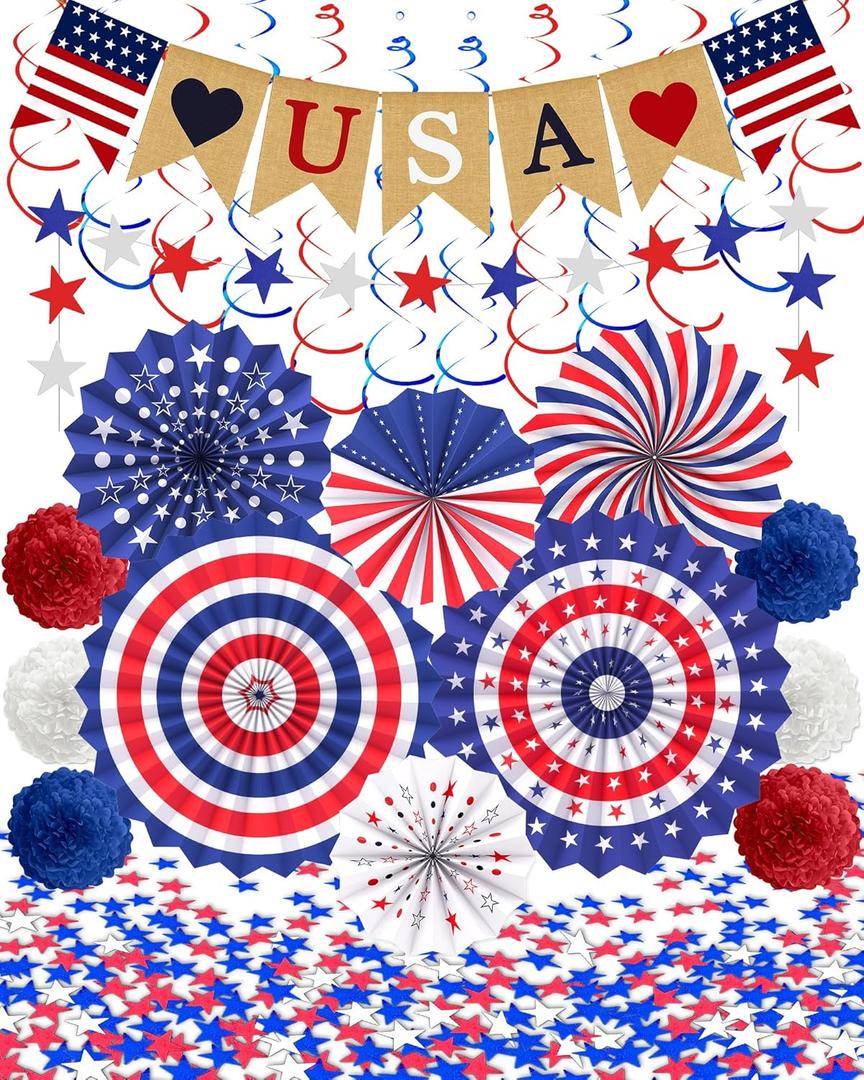 33 Pcs 4th/Fourth of July Memorial Day Decorations, Patriotic Decorations Outdoor Indoor Office USA Banner Red White Blue Star Streamer Hanging Swirls Veterans Day Decor for Independence Day