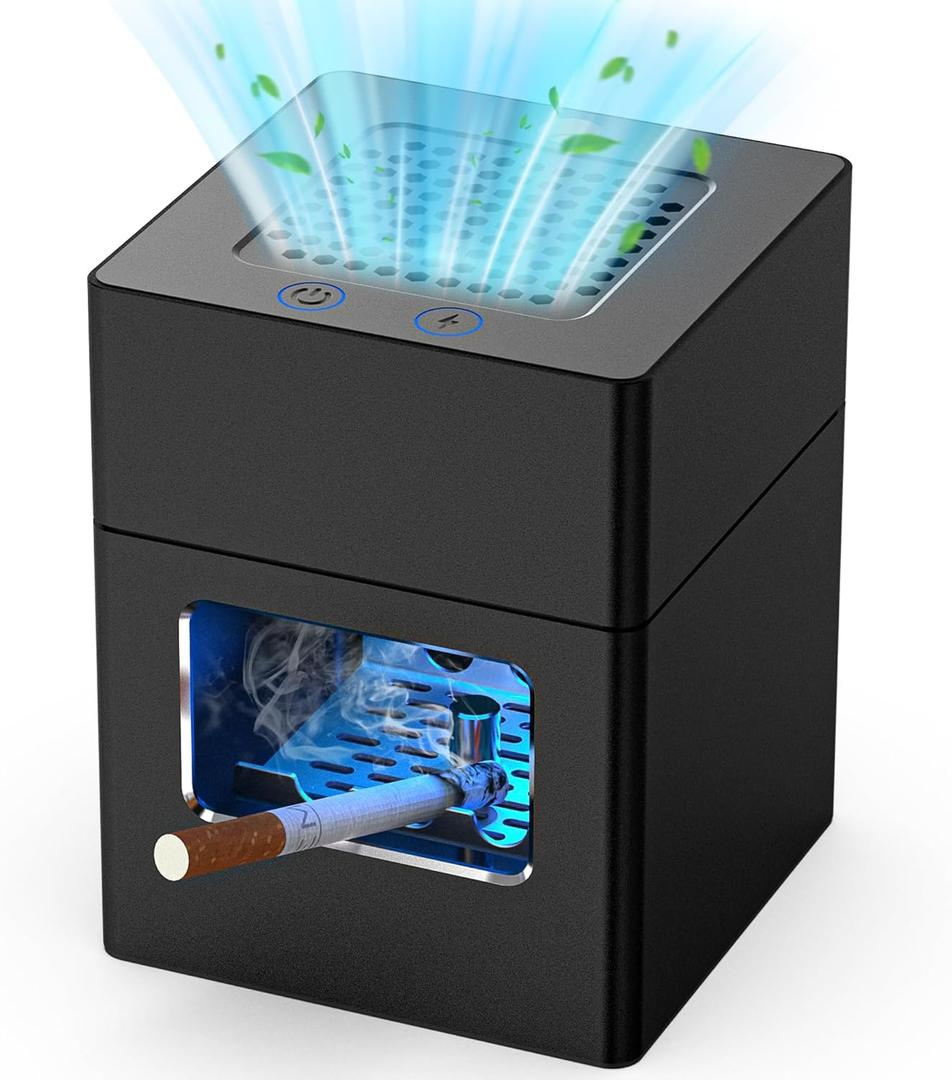 Multifunctional Smokeless Ashtray,HEPA Filter Smokeless Ashtray Indoor with Lighter,USB Rechargeable Smoke Removing ashtray for home,bedroom,office,car, Valentine's Day Gifts for Him Her (Deep black)