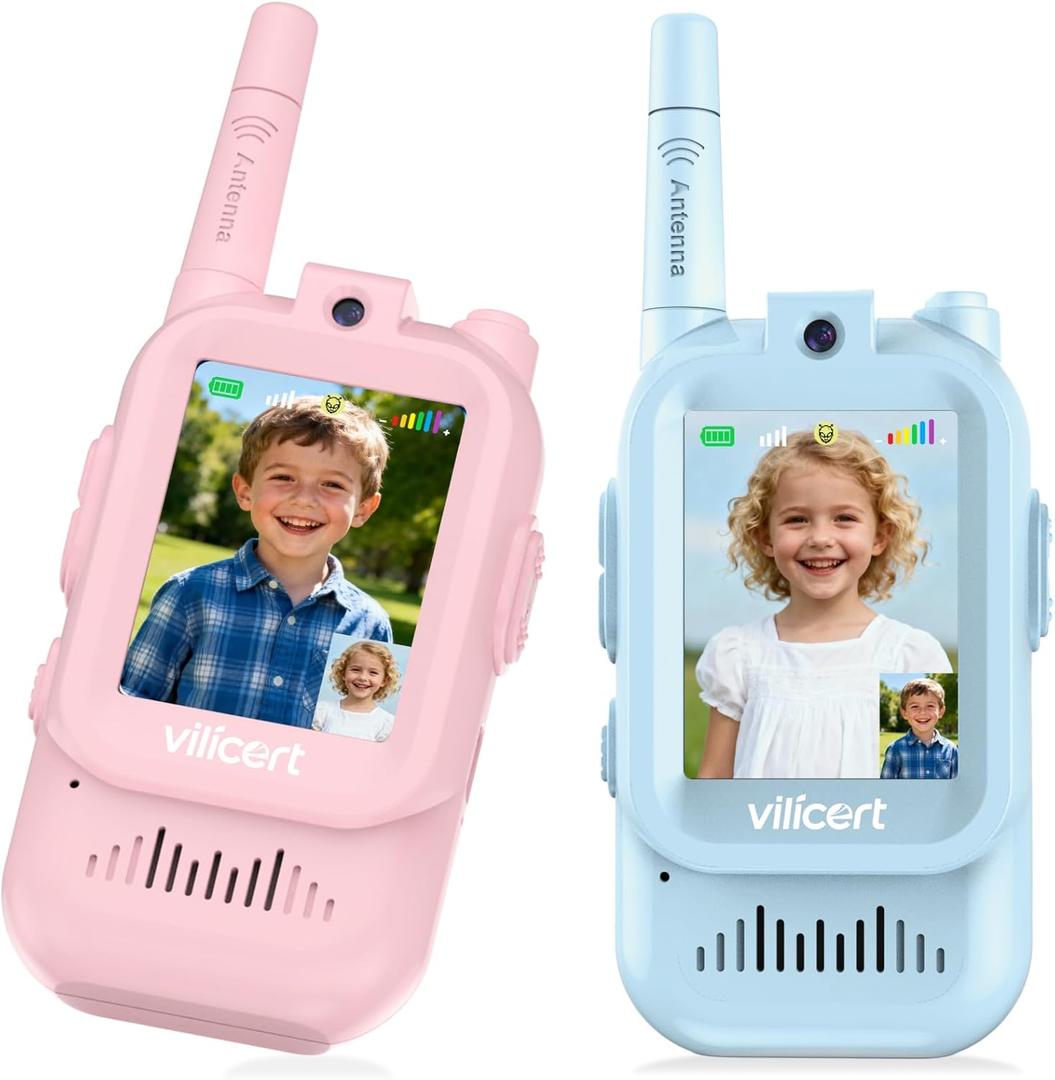 Video Walkie Talkie Toys for Age 3-12 Boys Girls, 2 Pack Walkie Talkies with Screen, Long Range 2 Way Radio with 4 Voice Effects, Christmas Birthday Gifts for Kids Indoor Outdoor Camping (Blue+Pink)