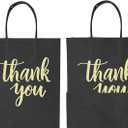 DjinnGlory 50 Pack Medium Sized Black Thank You Paper Bags with Handles 10x8x4 Inches and White Tissue Paper for Small Busines Wedding Baby Shower Graduation Party Favors Treats Goodies