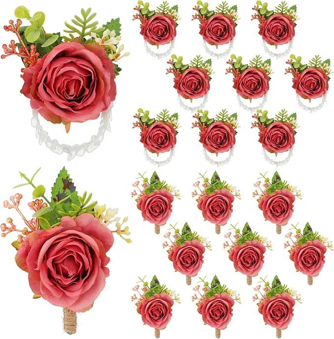 Sherr 20 Pcs Rose Wrist Corsage and Boutonniere Set Flower Wrist Corsage Wristlet Band Bracelet Bridegroom Men's Boutonniere Wedding Wristlet Hand Flower for Prom Party Bouquets (Cameo Brown)