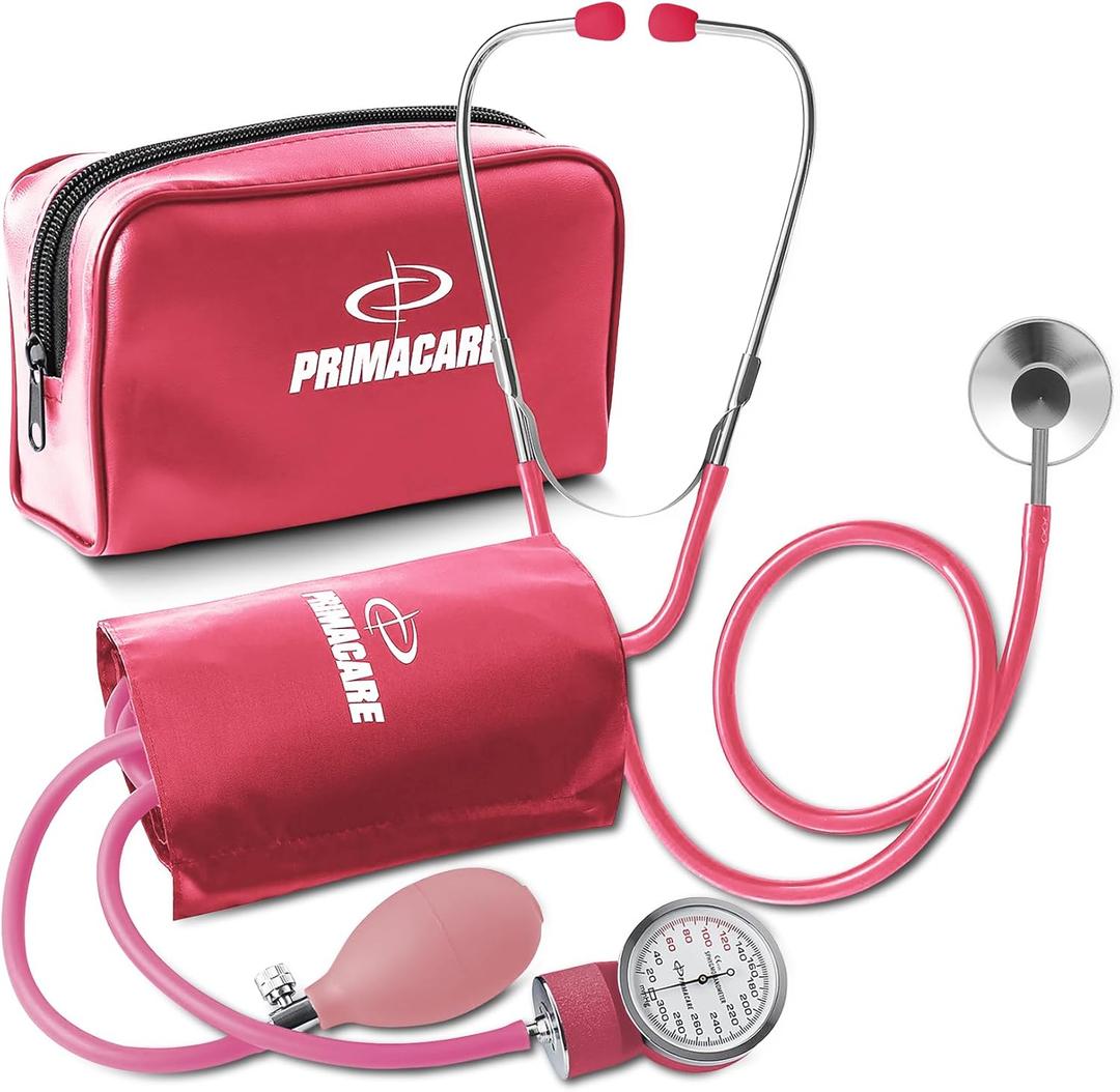 PrimaCare Medical DS-9197-PK Professional Classic Series Manual Adult Size Blood Pressure Kit, Emergency Bp kit with Stethoscope and Portable Leatherette Case, Nylon Cuff, Pink