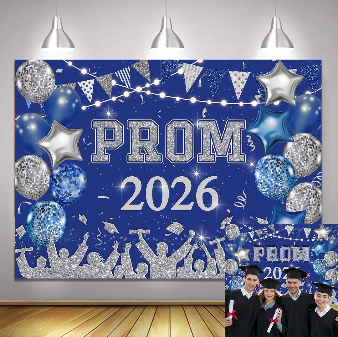 7x5ft Prom 2026 Photography Backdrop Blue and Silvery Glitter Balloons Flags Congrats Grad 2026 Prom Graduation Party Decorations Banner Suppies