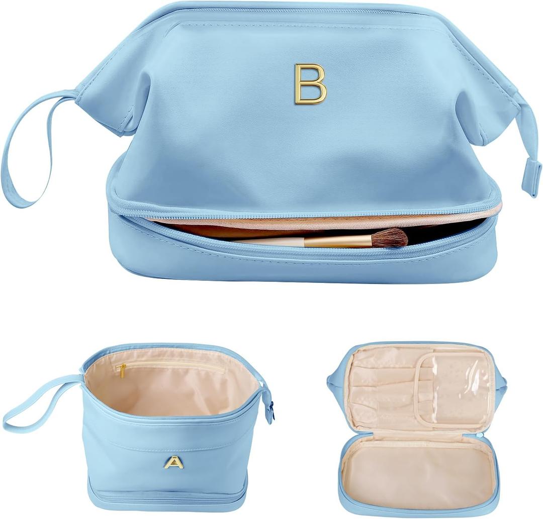 Monogrammed Gift for Women Girls, Initial Makeup Bag, Personalized Double Layer Cosmetic Bag with Makeup Brush Organizer, Large Capacity PU Leather Travel Toiletry Bag, Sister Gifts (Blue)