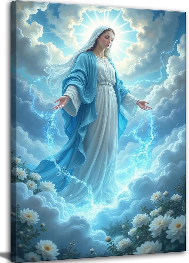 Virgin Mary Canvas Wall Art. Catholic Art Painting Picture Wall Decor. Mother of Jesus Posters Print Artwork for Church Bedroom Living Room Home Decoration, 24"L x 16"W