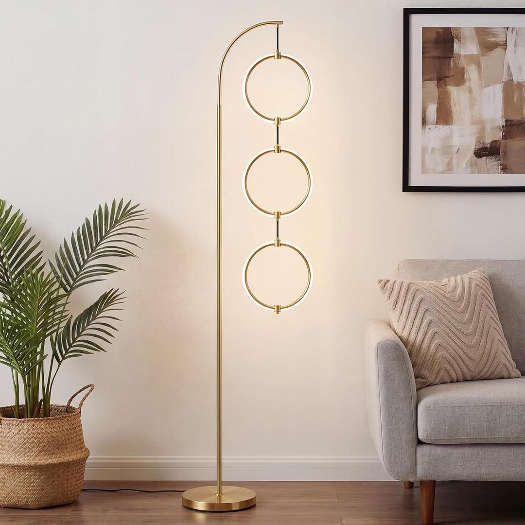 Bairth Gold 3-Light LED Floor Lamp, Modern Arc Floor Lamp for Living Room, Industrial Stepless Dimmable & 3-Way Dimmable Tall Arch Standing Floor Lamp for Reading, Bedroom, Office, Antique Brass