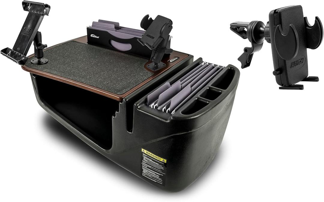 AutoExec Efficiency FileMaster Car Desk for Your Vehicle Workstation and Mobile Office, Mahogany with 400 watt Power Inverter, Phone Mount, Tablet Mount and Phone Vent Clip