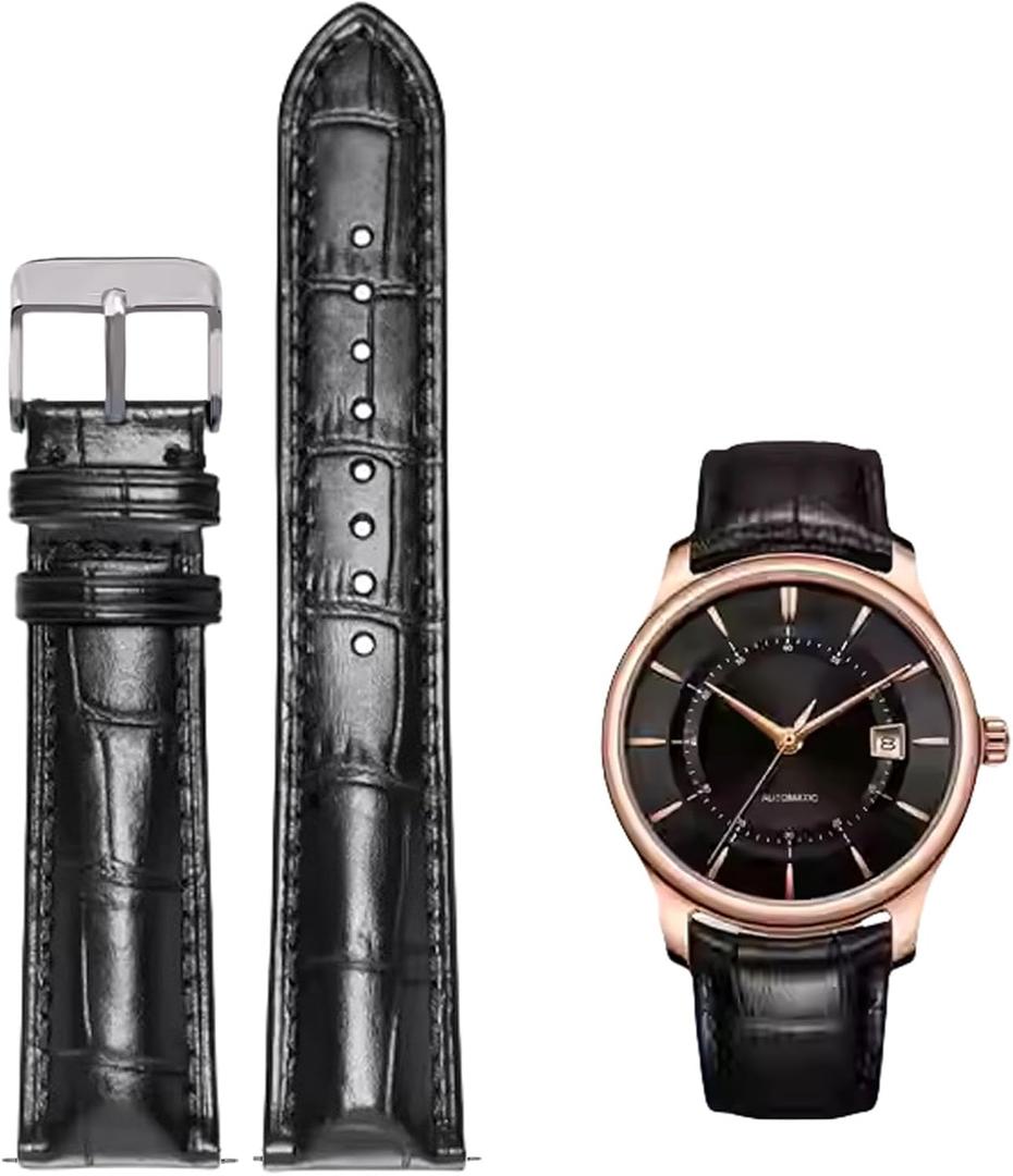 Quick Release Genuine Leather Watch Band Italian Alligator Grain Calfskin Genuine Leather 12 to 24mm Business Casual Universal Genuine Leather Watch Strap Replacement Band Strap Men Women (21mm, Black(Sliver Buckle))