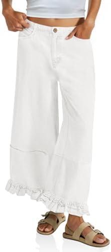 Cicy Bell Womens Ruffle Wide Leg Jeans Cropped Elastic High Waisted Baggy Denim Pants with Pockets, Size 6
