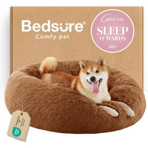 Bedsure Calming Dog Bed for Medium Dogs - Donut Washable Medium Pet Bed, 30 inches Anti-Slip Round Fluffy Plush Faux Fur Cat Bed, Fits up to 45 lbs Pets, 30"L x 30"W x 8"Th, Copper