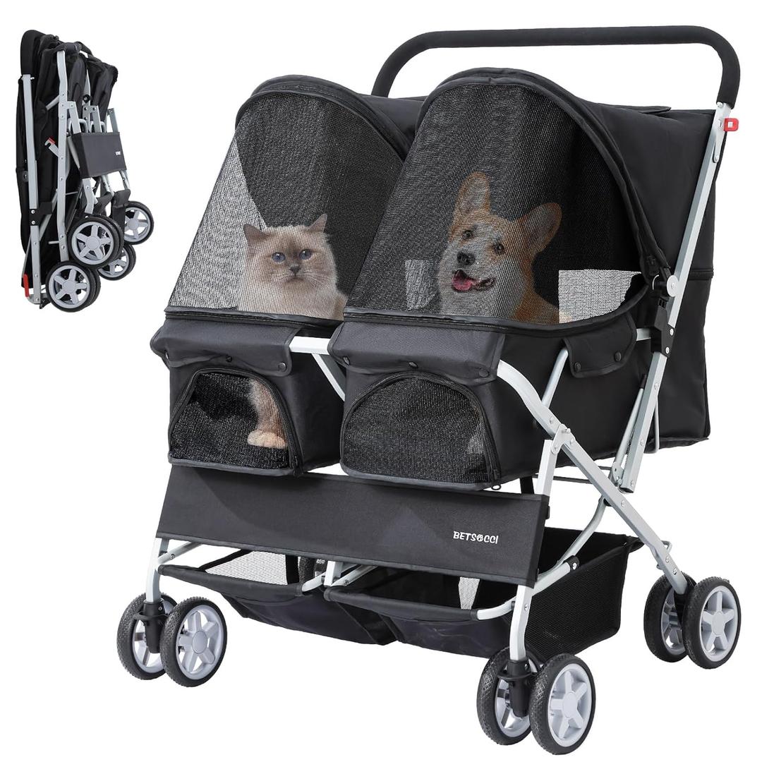 Double Pet Stroller for 2 Small Dogs & Cats, Side-by-Side Twin Travel Carriage with Safety Leashes, Mesh Windows & Double Storage Baskets, Lightweight & Foldable, 44lbs Capacity, Black