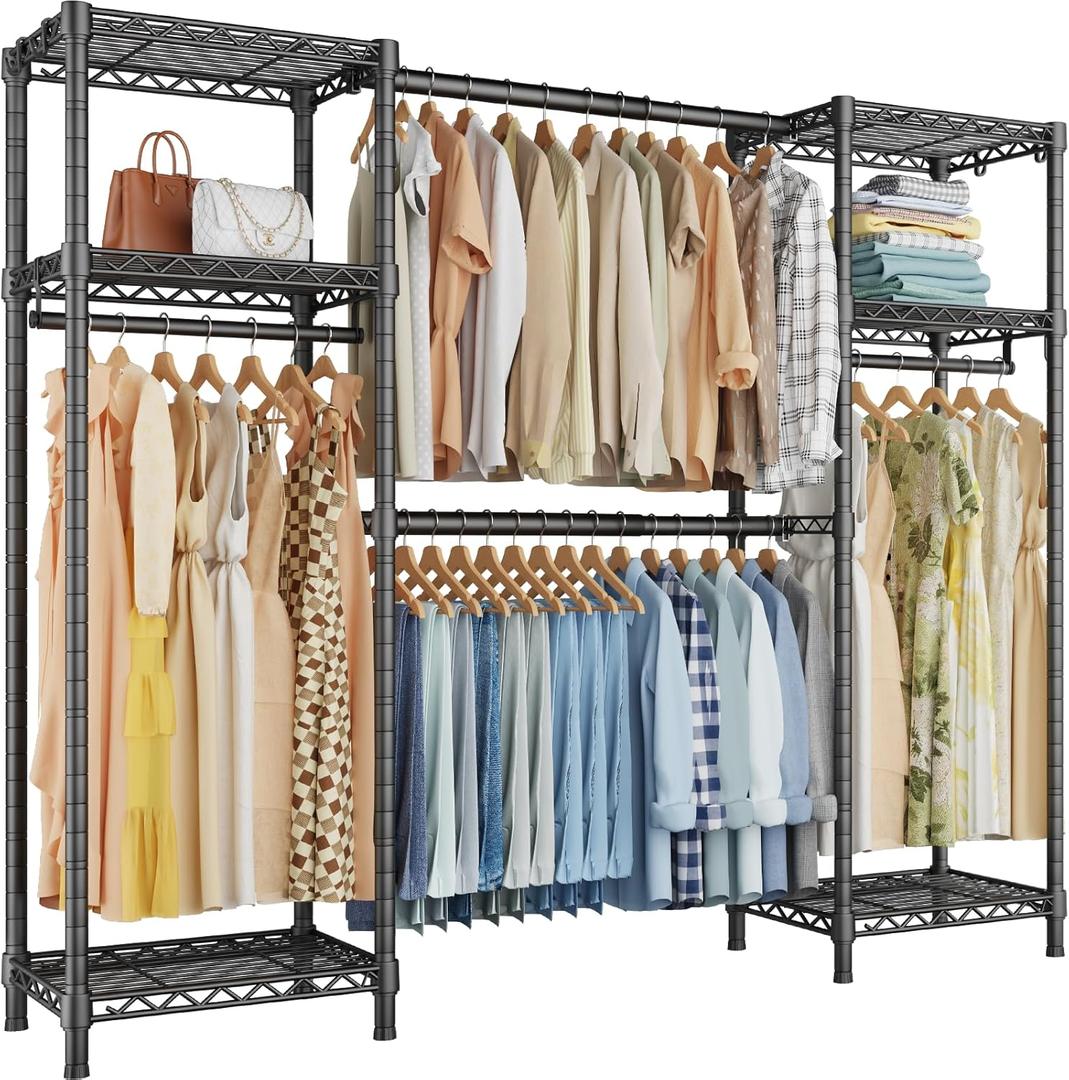 Ulif E7 Garment Rack, Heavy Duty Clothes Storage System with Extendable Hangers Rods, Metal Clothe Rack with 6 Wire Shelves, (52.3"-72") W x 14.5" D x 71.2" H, Load 838 LBS (Black)
