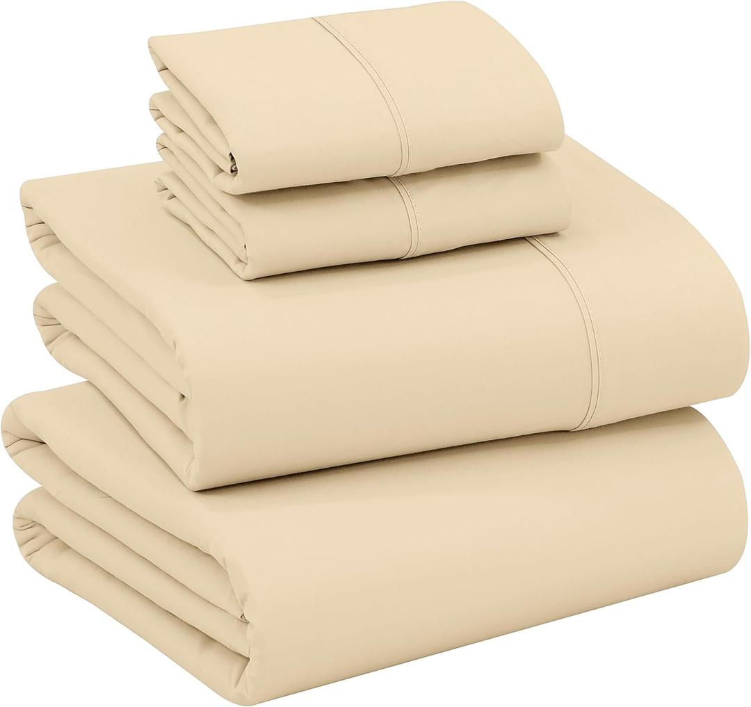 RUVANTI 100% Cotton Sheets King Size Percale Bedding, Cooling & Breathable, Durable with a Crisp, Soft & Comfortable Feel, 16" Deep Pocket, 4-Piece Set, Beige
