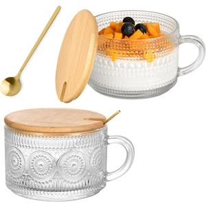 Vintage Glass Coffee Mugs 2Pcs 14oz Overnight Oats Containers with Bamboo Lids and spoon, Glass Tea Cups, Coffee Bar Accessories, Ideal Birthday, Holiday Gifts for Women