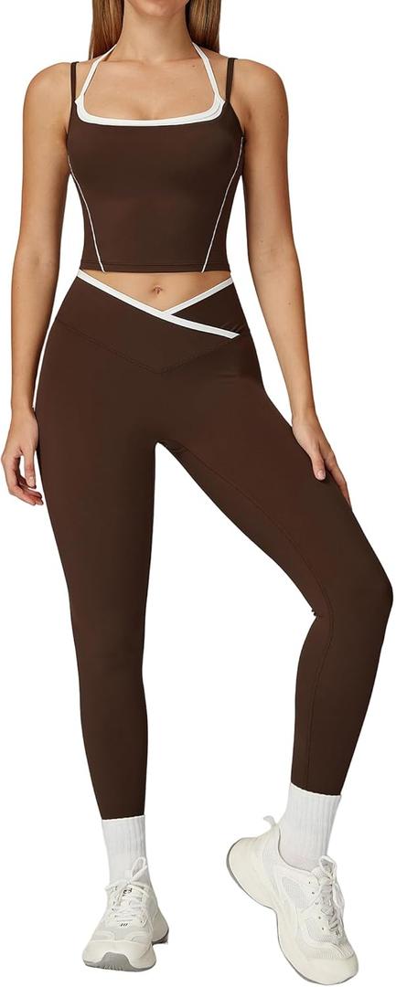 Womens Workout Sets Two Piece Spaghetti Straps Tank Top Matching High Waist Leggings Gym Work Out Outfits with Pockets (Medium, V-Dark Coffee)