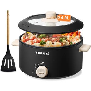 TOPWIT Hot Pot Electric, 4L Electric Pot with Non-Stick Coating, Dual Power Electric Cooker for Deep Frying, Steak, Pasta, Multi-Functional Large Capaity Shabu Shabu Pot for Party, Dark Black