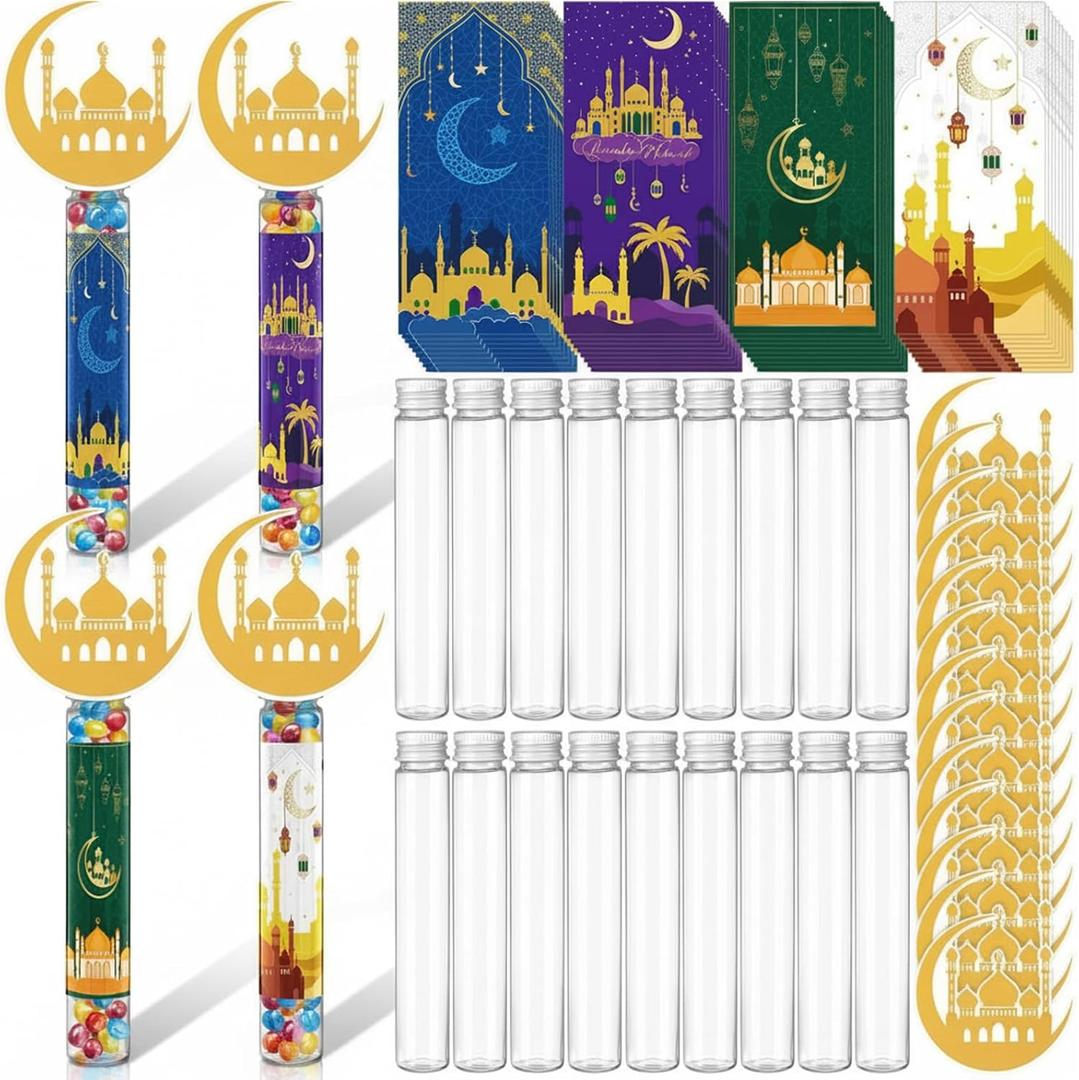 96 Pcs Eid/Ramadan Party Favors Gifts Eid Mubarak Candy Tubes with Ramadan Stickers Moon Shaped Cards Plastic Candy Servers Containers for Islamic Muslim Party Supplies Decorations