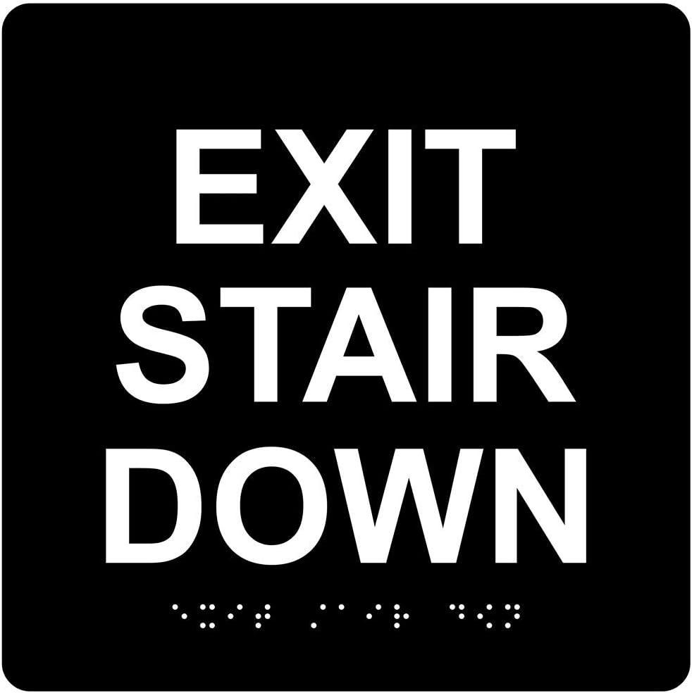 ComplianceSigns.com Exit Stair Down Sign, ADA-Compliant Braille and Raised Letters, 6x6 inch White on Black Acrylic with Adhesive Mounting Strips, American Made Safety Signs for the Workplace