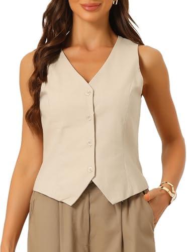 Allegra K Vest Tops for Women Summer Cotton Linen Sleeveless Button Down V Neck Fully Lined Waistcoat Cropped Vests M