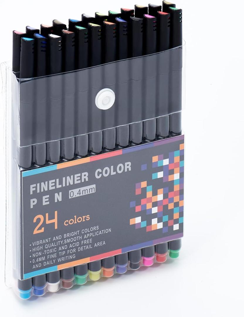 24 Colors Fineliner Color Pens - 0.4mm Fine Point Colored Pens for Journaling, Doodling, Drawing, Note Taking, Adult Coloring, Planner Supplies Black Barrel