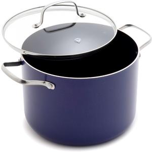 Blue Diamond 8QT Nonstick Stockpot with Glass Lid, PFAS-Free Ceramic, Multipurpose Cooking, Sauces & Soups, Pasta, Boiling & Canning Pot, Dishwasher & Oven Safe, Stainless Steel Handles, Navy