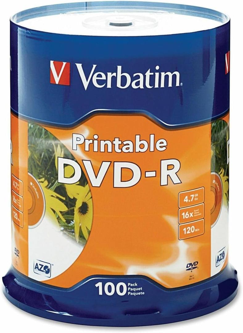 Verbatim DVD-R 4.7GB 16X White Inkjet Printable with Branded Hub, 100-Disc