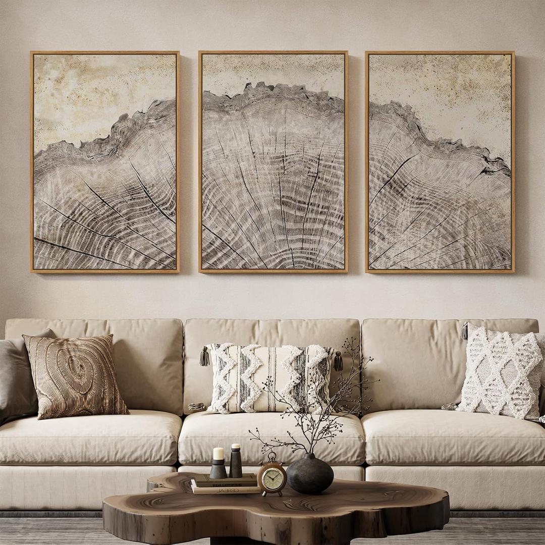 Framed Modern Farmhouse Wall Art for Living Room, 3 Piece Large Neutral Tree Ring Canvas Prints Paintings, Rustic Nature Wood Stump Pictures Artwork for Bedroom Hallway Office Walls Decor, 24x36 Inch