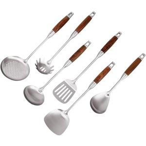VALESKA Kitchen Utensils Set with Wood Handle, 6 Pieces Stainless Steel Utensils Set, Metal Cooking Utensils Set, Non-Stick and Heat Resistant