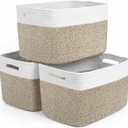 Storage Baskets for Organizing, 14 x 10 x 9 Closet Shelf Woven Baskets, Square Bins with Handles, Cotton Rope Basket for Toys, Clothes, Office, Room, White+Rice Brown 3 Pack