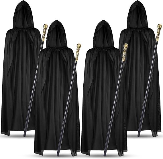 Velmitten 4 Pcs Halloween Wizard Costume Set Long Hooded Black Cloak Adult with Gold Costume Walking Cane for Hooded Cape Masquerade Cosplay Party