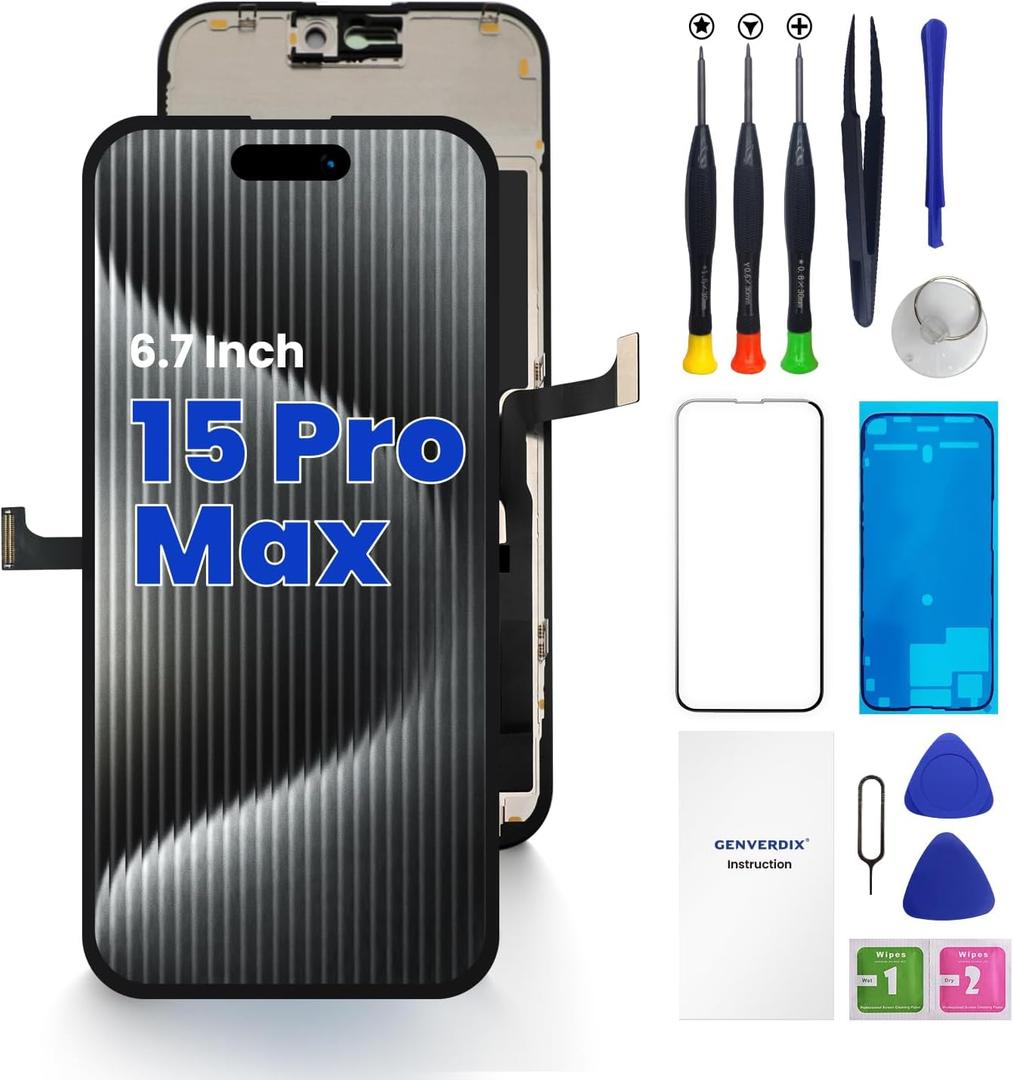 Genverdix for iPhone 15 Pro Max Screen Replacement, 6.7 inch 3D Touch LCD Display Full HD Repair kit, Digitizer Assembly with Tools Set, Tempered Glass, Waterproof Frame Adhesive
