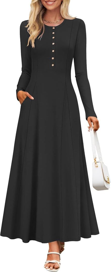 ZESICA Women's Elegant Maxi Dresses 2026 Fall Long Sleeve Button Casual A Line Boho Flowy Dress with Pockets (M)